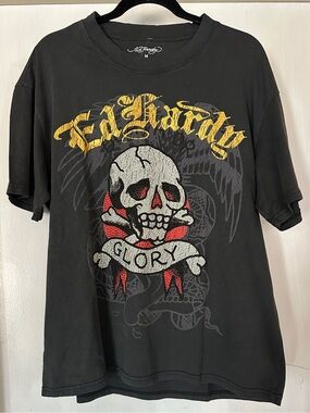 Ed Hardy Black Tee with Yellow Logo and Red Skull Accents